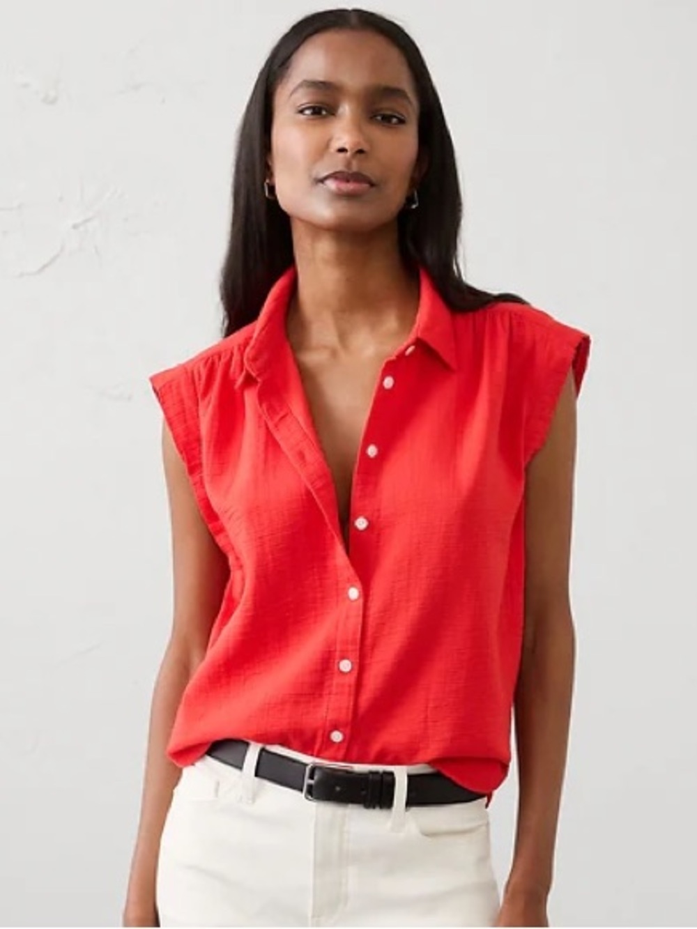 NWT Banana Republic | Gauze Soft Gathered Sleeveless Button-Down Shirt Top Red